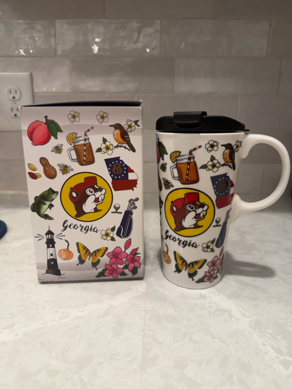 NWT Buc-ee’s Georgia 17 oz Ceramic Travel Mug with Lid & Box